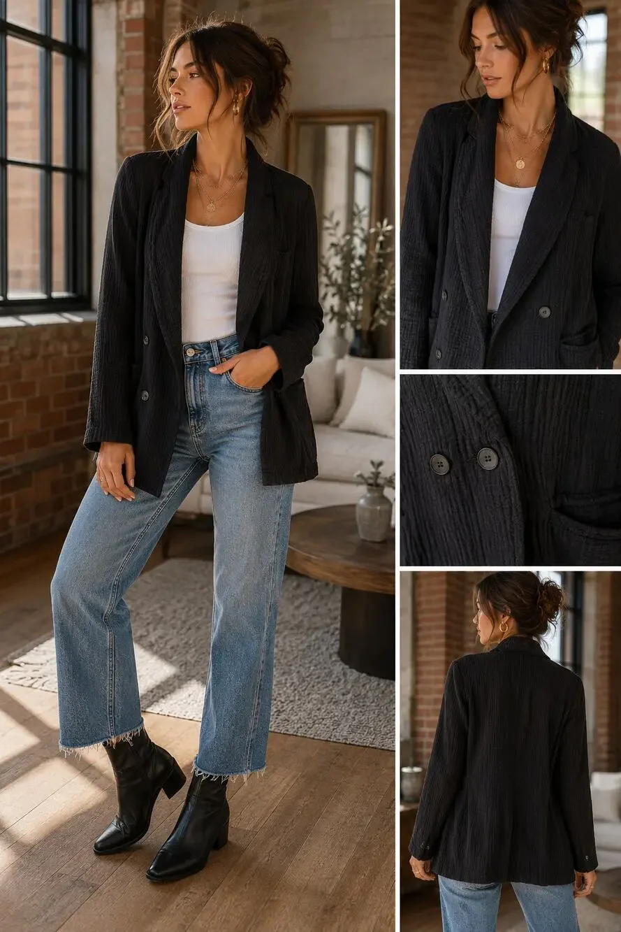 Free People Cotton Gauze Double Breasted Relaxed Blazer S Black Career Jacket